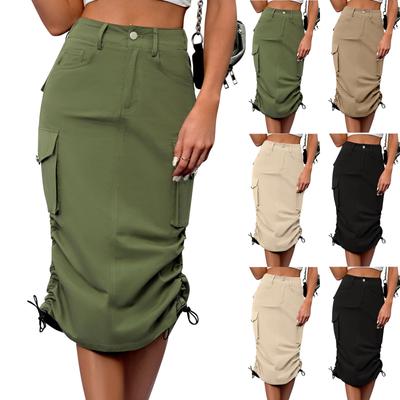 Women's Fashion Color High Waist Button Casual Multi-Pocket Workwear Half Skirt