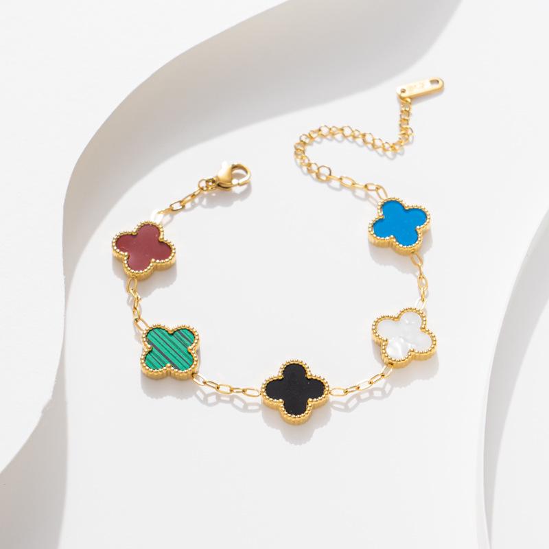 18K Gold Titanium Steel Four-Leaf Clover Double-Sided Bracelet with Five-Color Flowers.