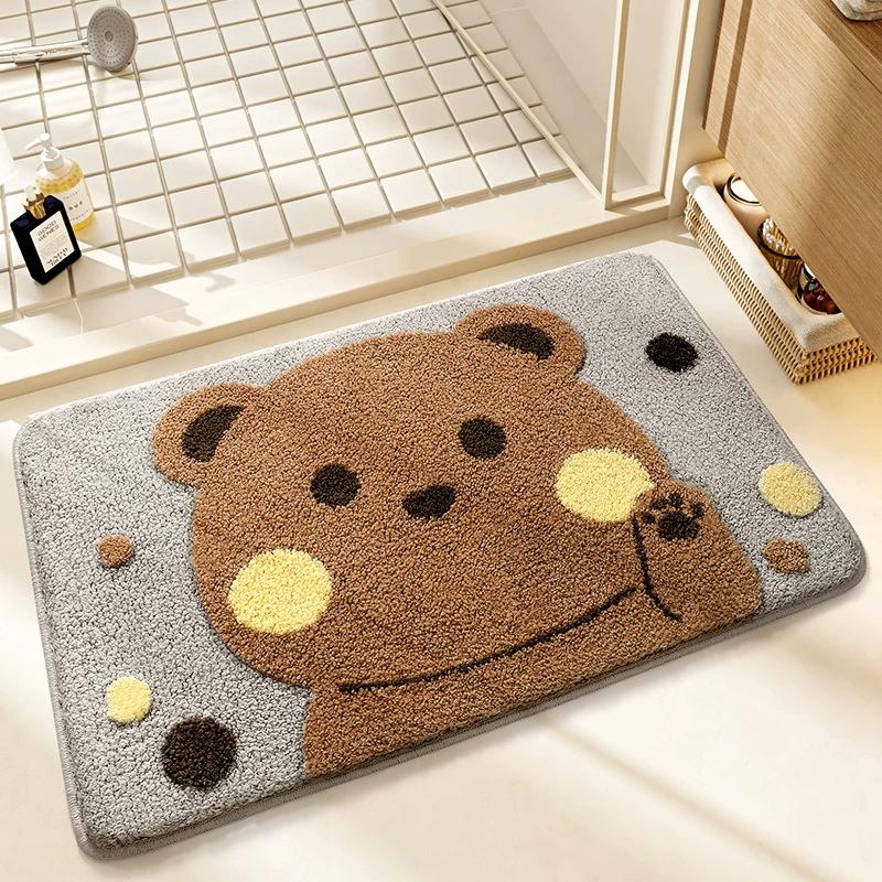 Cute Bear Bath Mat, High-Density Flocked Microfiber Rug with Super Absorption & TPR Non-Slip Backing, Quick-Dry Bathroom Decor