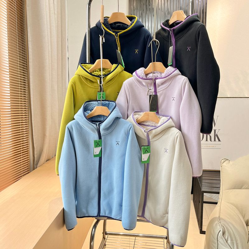 New Autumn and Winter Outdoor Windproof and Warm Lamb Wool Jacket for Women, Thick Double-Sided Fleece Color-Block Hooded Fleece Sweatshirt