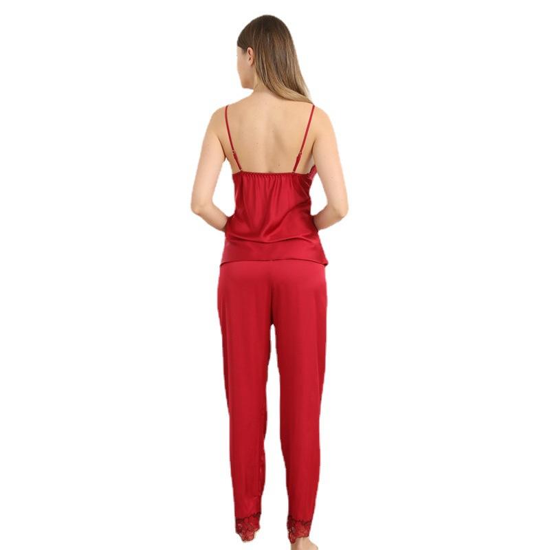 Ice silk pajamas women's summer sexy lace long-sleeved suspender nightgown three-piece set spring and autumn thin loungewear set