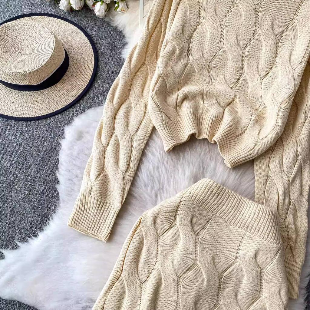 Autumn 2 Piece Set Turtleneck Sweater For Women Casual Fashion Style Chic Weave Top + High Waist Elegant Long Skirt