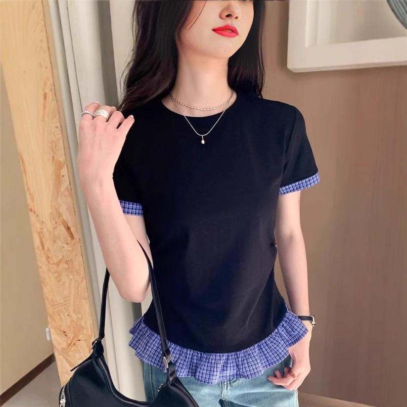 

Women s Slim Fit Plaid Patchwork T-Shirt with Cap Sleeves - Summer 2025 Collection S