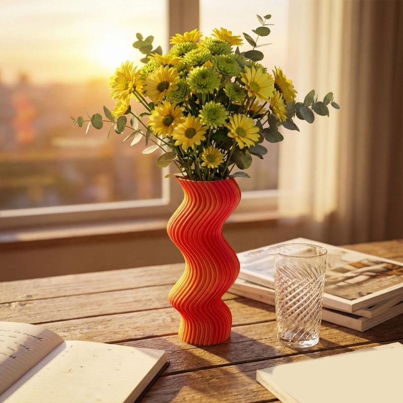 3D Printed Vases for Floral Display, Sculptural Wavy Striped Plastic Decors Decorative Flower Holder for Desk, Shelf, Entryway Styling