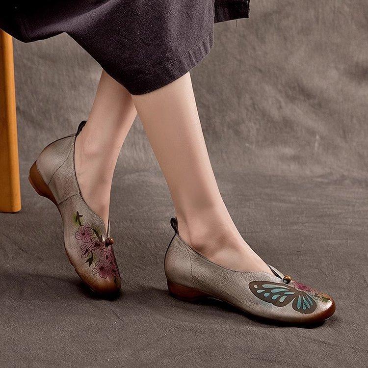 

2025 летние новые ретро женские туфли в этническом стиле с цветочным принтом, круглым носком, низким каблуком, неглубоким горлом, женские одинарные туфли Doudou 35 серый