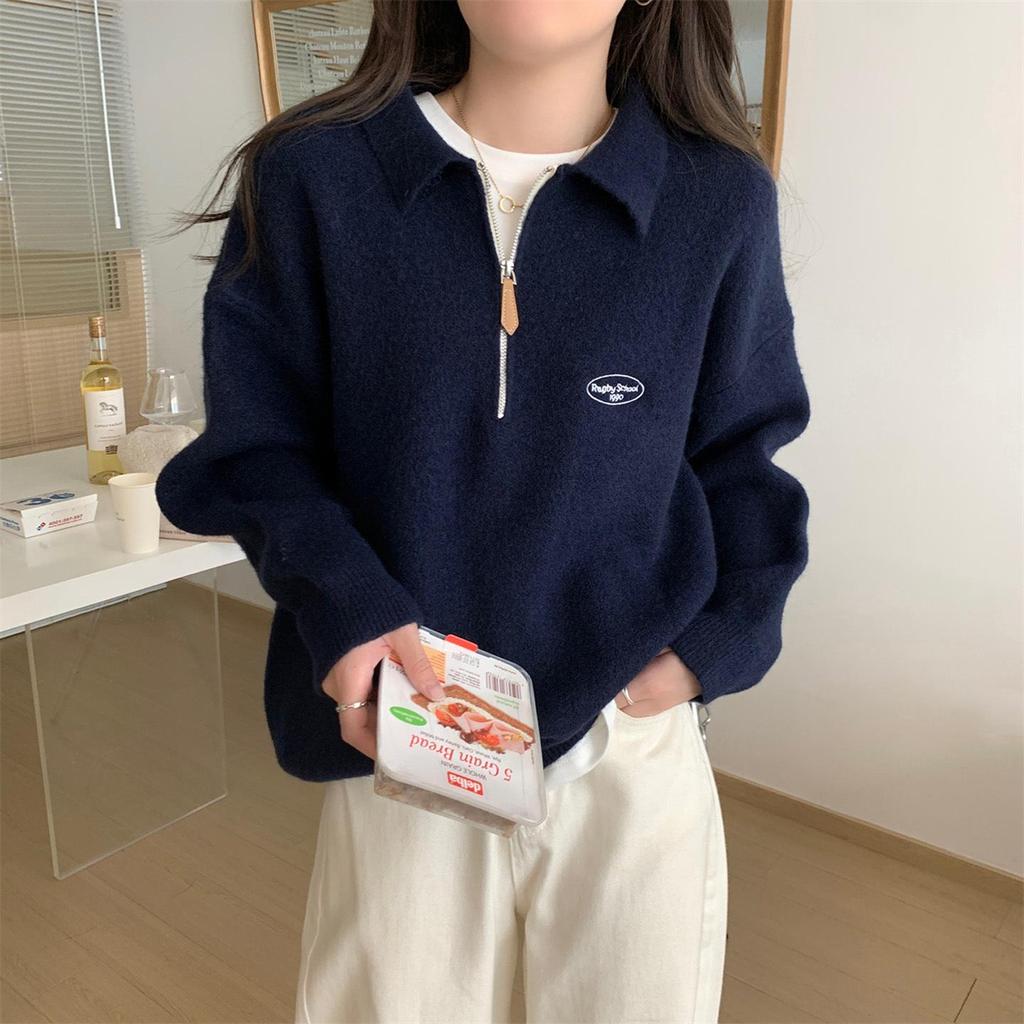 Damen Strick-Sweatshirt im japanischen College-Stil mit Polokragen - Weiches, klebriges Oberteil mit halbem Reißverschluss und langen Ärmeln für Herbst/Winter.