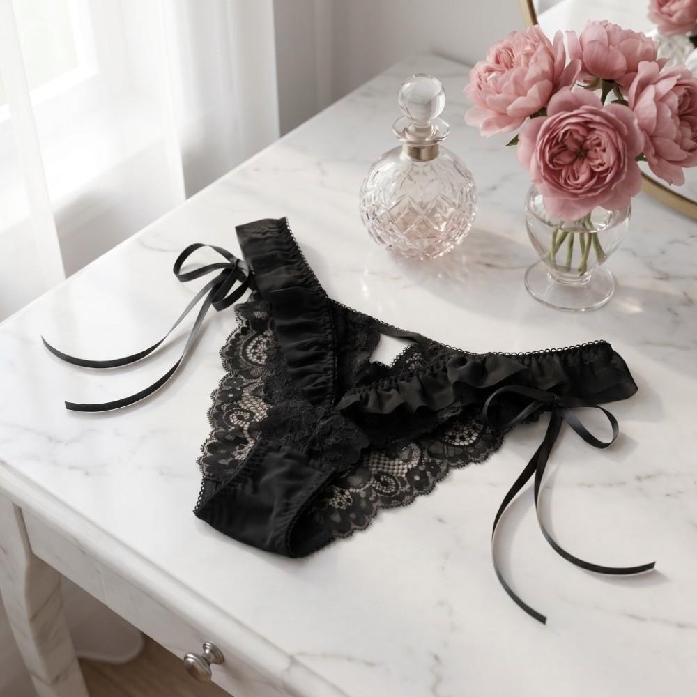 Mesh Ruffle Floral Bowknot Panties Bow Ribbon Underpants Lace Flower Transparent Briefs Lady