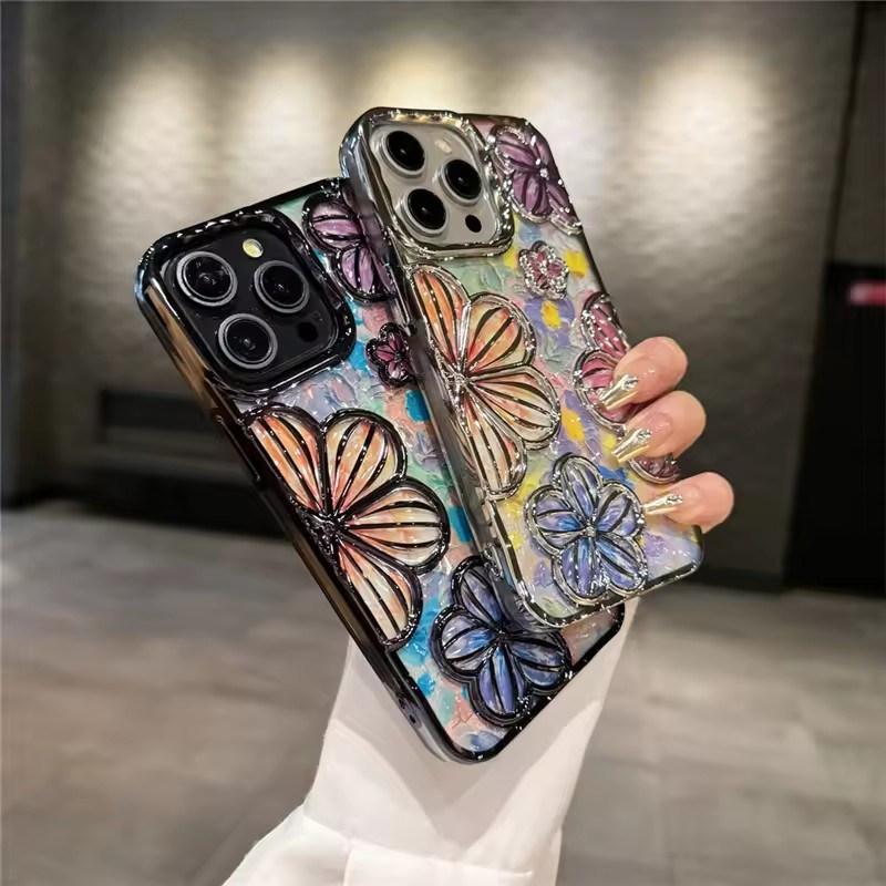 Luxus Galvanisierungsfarbe Mode Blumen Handyhülle Für iPhone 11 12 13 14 15 16 Pro Max Plus Weicher Bumper Schutz Auf Hülle