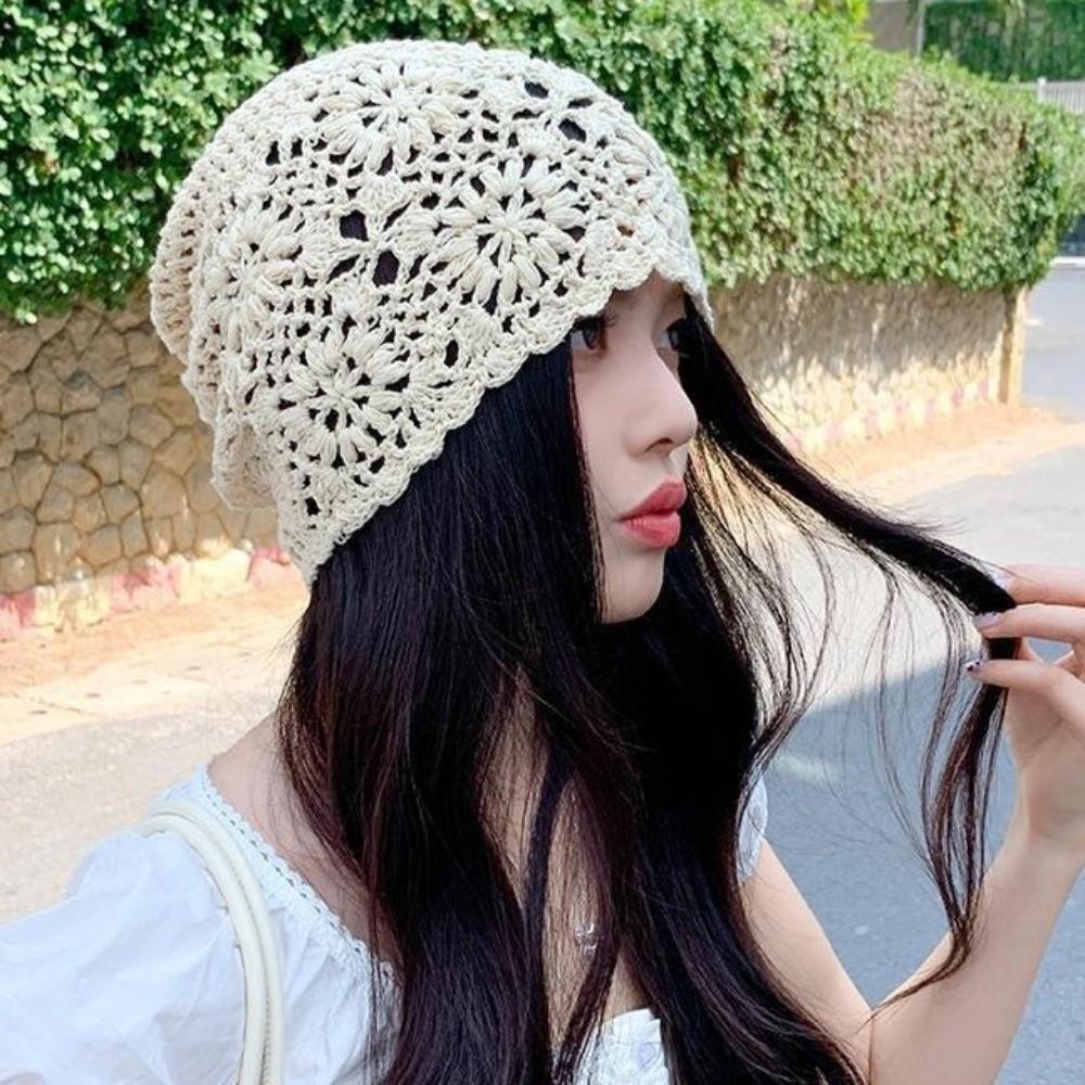 Handmade Crochet Flower Knitted Hat Thin Knit Cap Retro Ethnic Style Hat  Casual