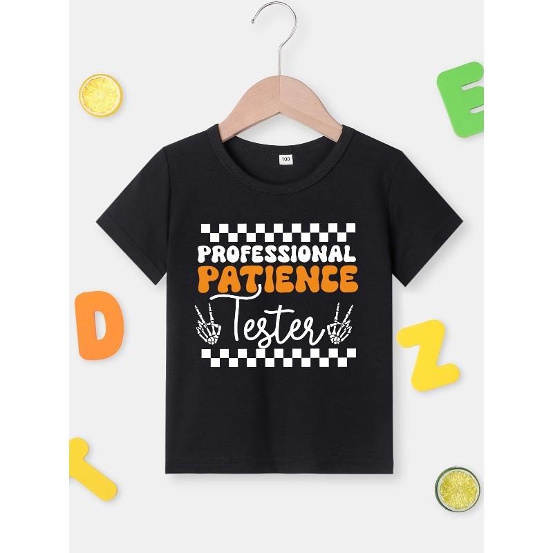 

European sizes Boys Professional Patience Lettering Short Sleeve T-Shirt - Summer Round Neck Casual Top with Applique Detail 98cm чёрный