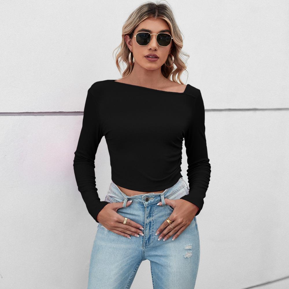 Spring Autumn Fashion Long Sleeve T-shirt Women Semi-open Collar Slim Short Temperament T-shirt Solid Color Sexy Top