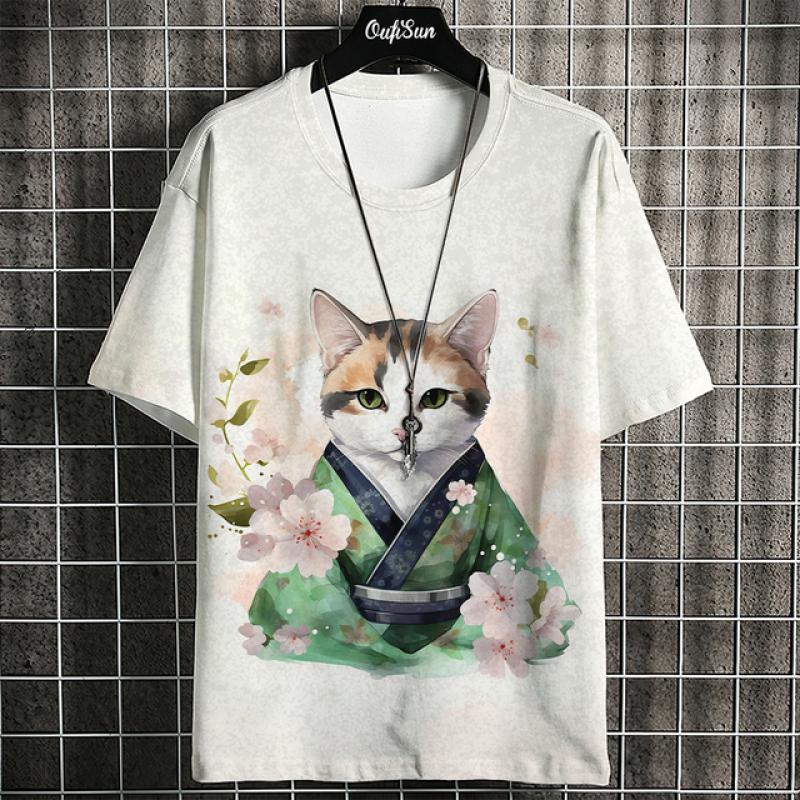 Samurai Cat T-Shirt For Men Print T-shirts Japanese Short Sleeve Tees Oversized Streetwear Casual Sweatshirt Male Clothing Tops