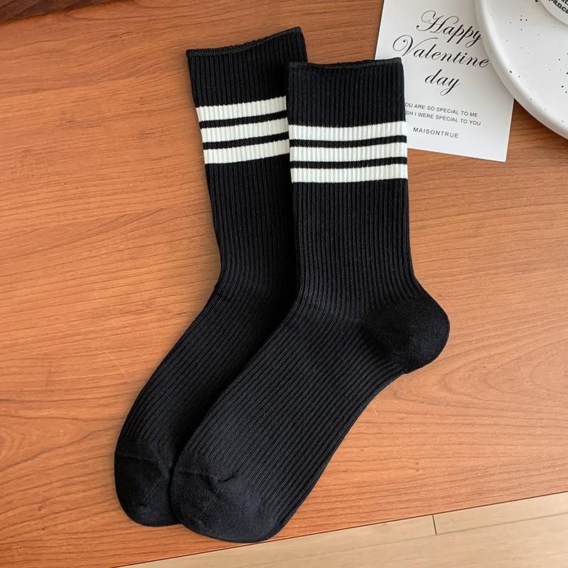 White Striped Socks Pile Socks Spring And Autumn Versatile Cotton Boneless Medium Tube Socks College Style Stockings Women