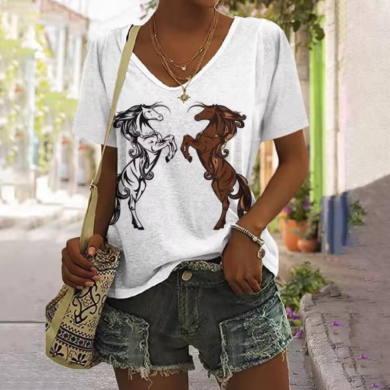 T-Shirt for Women Summer Clothes 3d Horse Print Tees Female Harajuku Sweatshirt Blouse V-Neck Oversized Short Sleeve Cheap Tops