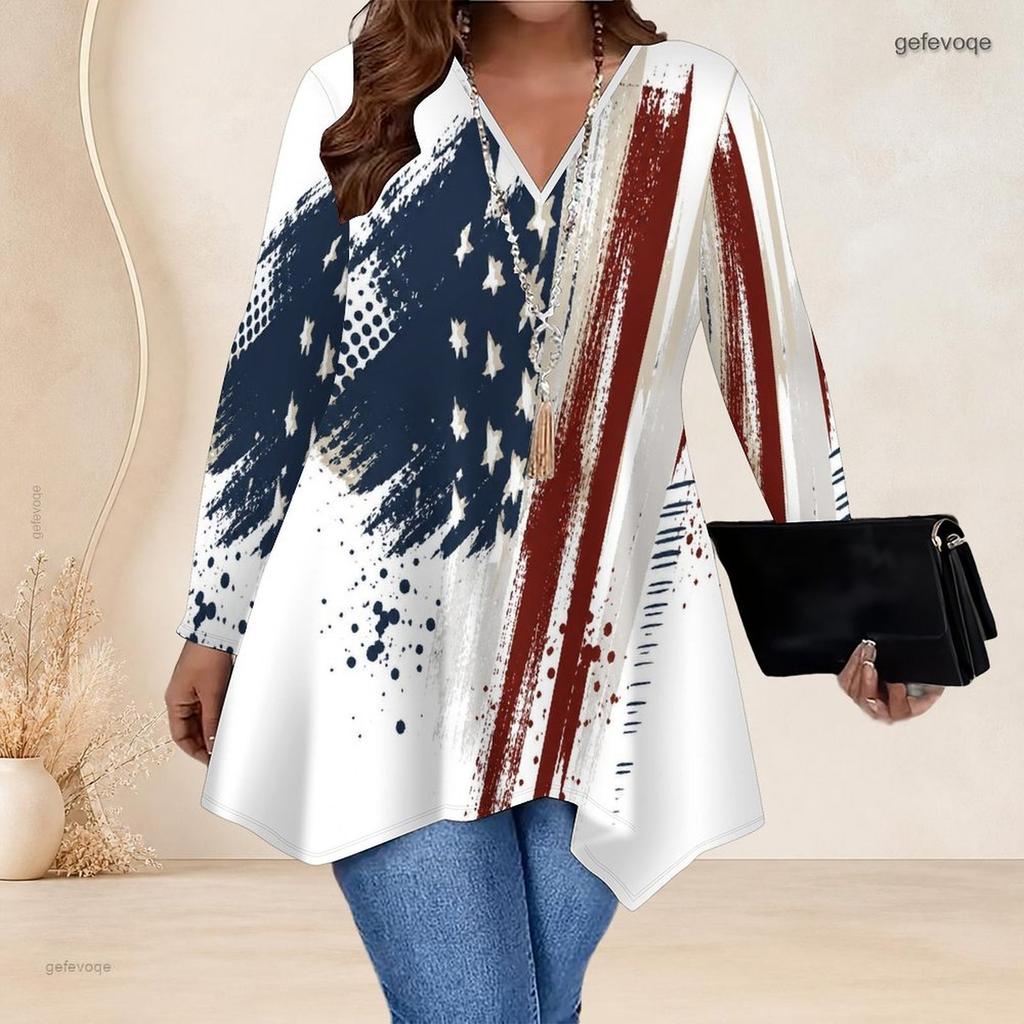 Women Plus Size V Neck Long Sleeve Printed Asymmetric Hem Flared Tunic Top