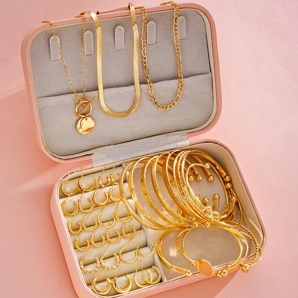 

39 Pcs Gold Color Minimalist Jewelry Set For Women Round Drop Necklaces Stackable Bangle Hoop Earrings Multipack Trendy Gift New