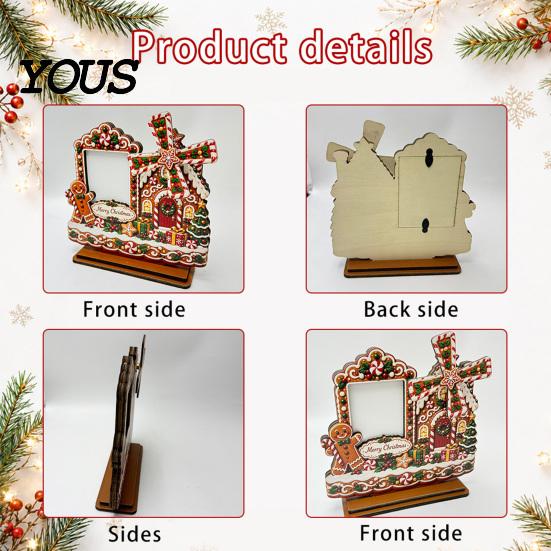 Christmas Photo Frame 2D Gingerbread House Wooden Frame, Spinning Windmill Picture Xmas Cottage Ornament Desktop Holder for Home Fireplace Table Decor