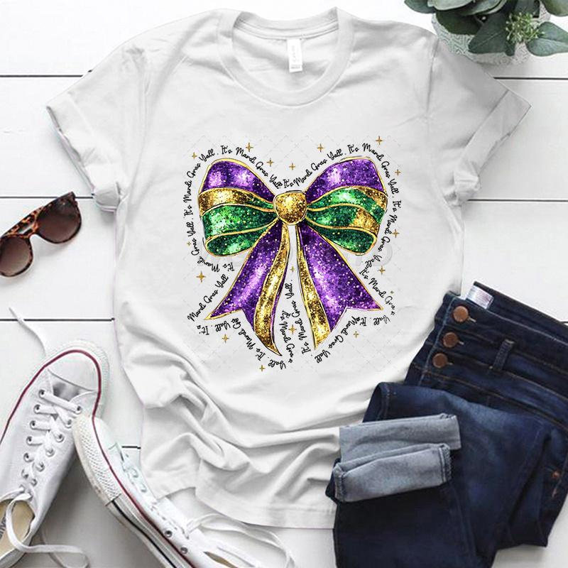 Coquette Bow Mardi Gras Shirt for Women Carnival Glitter Bow Graphic Tee Fat Tuesday Shirt Mardi Gras Party Crew Neck Clothing