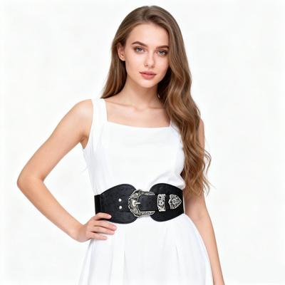 Imitation Leather Retro Carved Buckle Elastic Waist Belt Metal Buckle Belt  Clothing Accessories