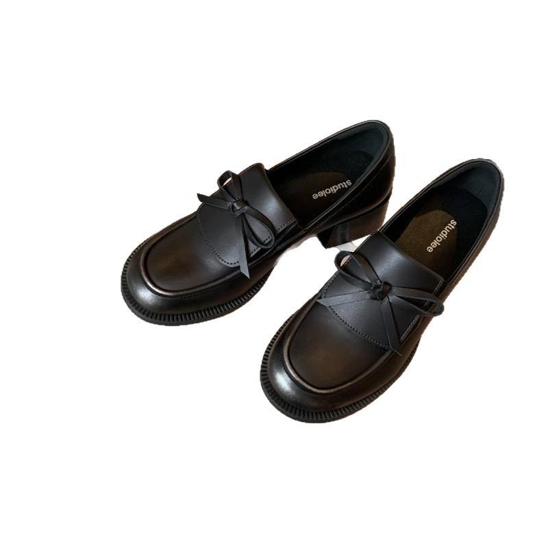 Height Increase of 5cm~ 2025 Autumn New Models, Not Tired Feet, Flip Bows, Lazy Thick Heels, Thick Soles, Love Small Leather Shoes for Women
