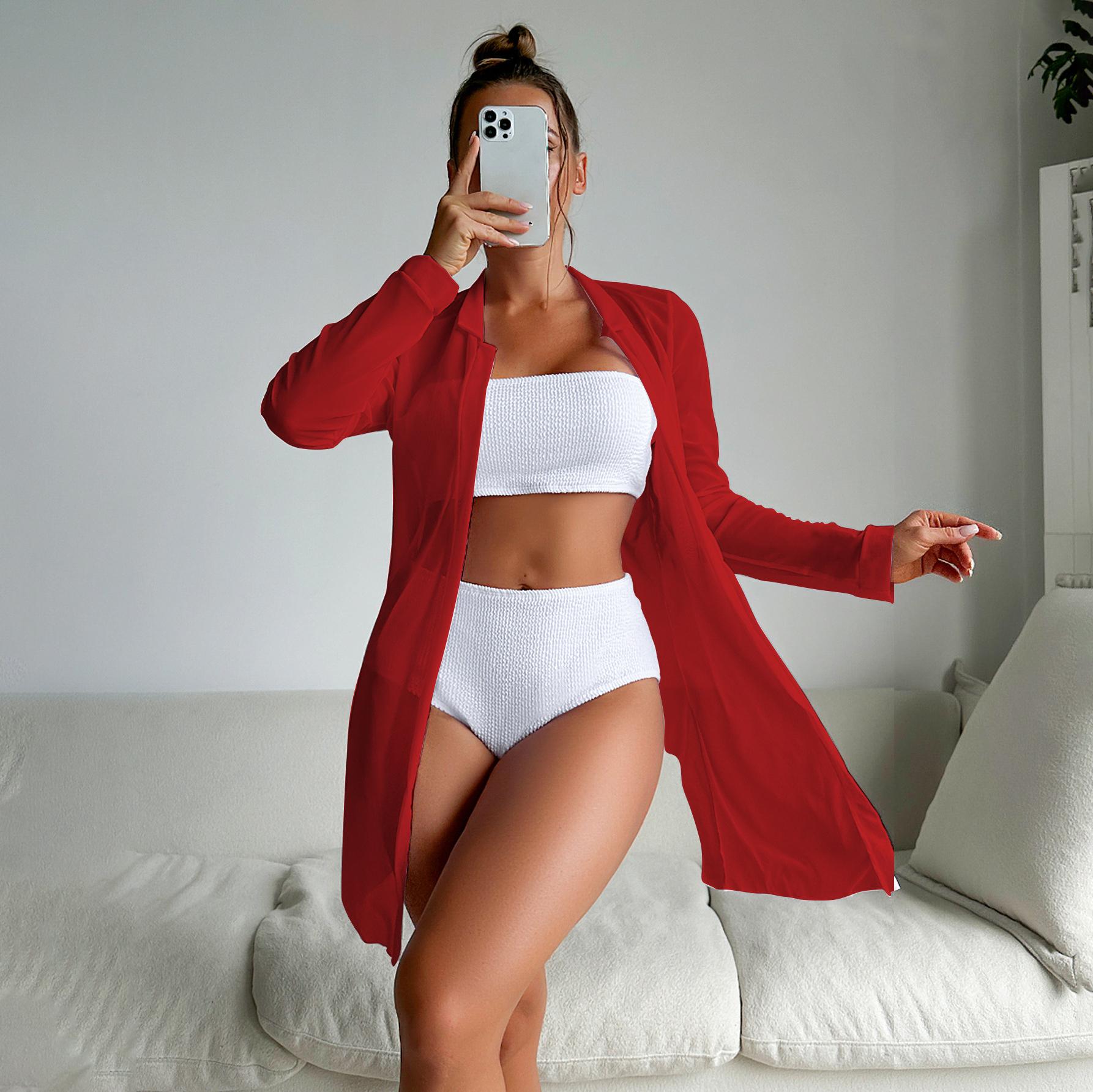 

Купальник женский раздельный набор из трех предметов с высокой талией, длинным рукавом, накидкой, на кулиске, с принтом, бикини EMA XL бордовый