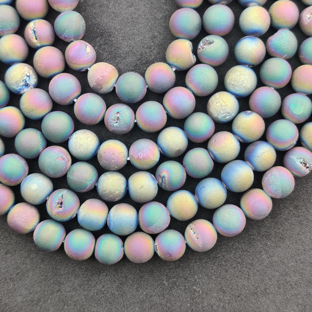Natural Gemstone Druzy Agate Beads, Multi-Color Smooth Round, Matte Finish, 6mm 8mm 10mm Size Beads, Full Strand 14-15 Inch, Great for Jewelry Making