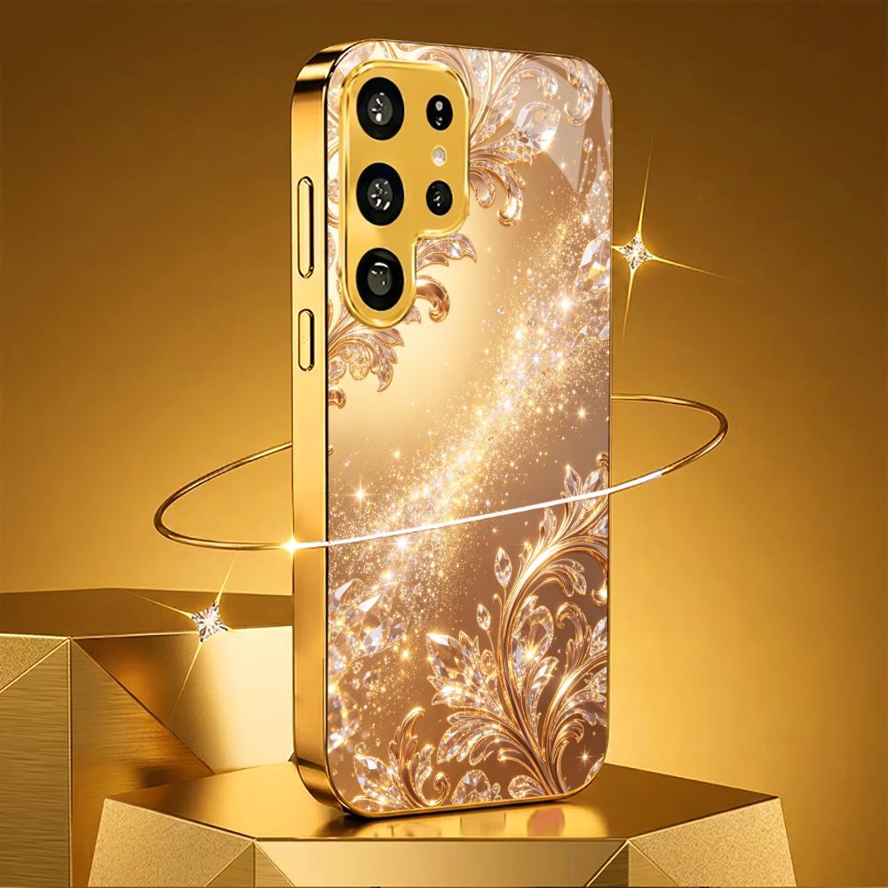 Golden Glittering Floral Pattern Phone Case S26 Ultra Case S25 Ultra Case Glass for Samsung Galaxy S26 S25 S24 S23 FE Ultra Plus