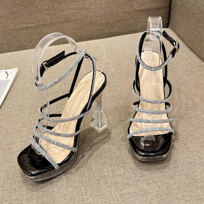 

Женские босоножки с кристаллами на высоком каблуке с квадратным открытым носком и пряжкой на щиколотке, сексуальные туфли для ночного клуба, выпускного вечера 40