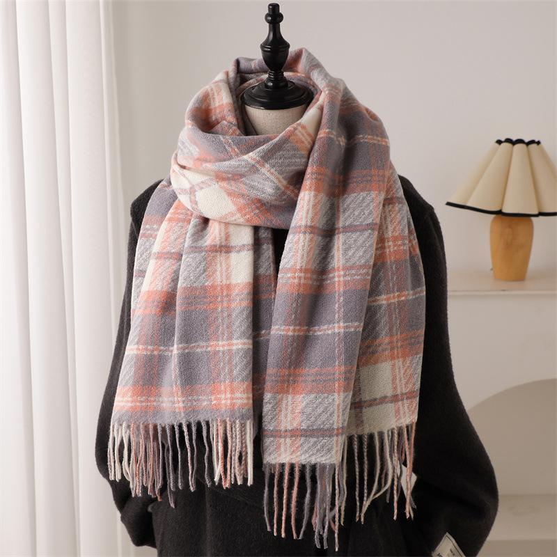 Korean Atmosphere Plaid JK Scarf, Adult Unisex Autumn Winter Thickened Warm Versatile Scarf with Tassels, Fashionable Casual Style