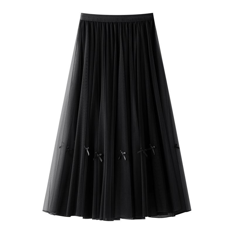 White Women's Drapey A-Line Mesh Skirt - 2024 New Autumn, Spring Mid-Length Pleated Style