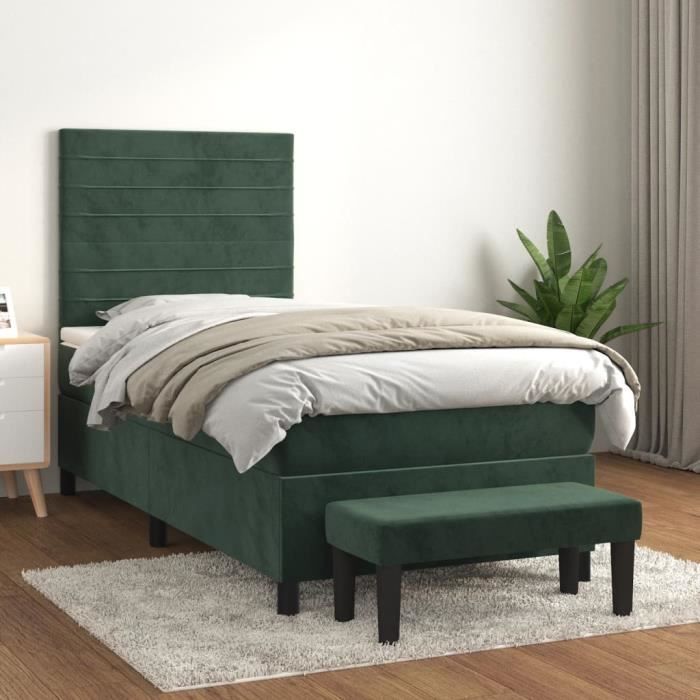 3137890 vidaXL Lit à sommier tapissier avec matelas Vert foncé 100x200 cm