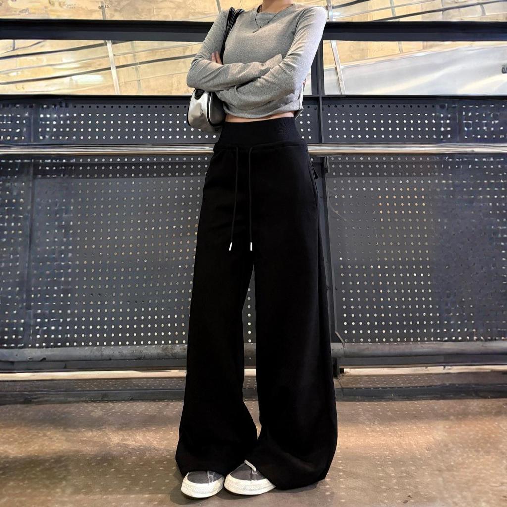 Women's Black High-Waisted Wide-Leg Sweatpants - 2025 Autumn/Winter Casual Slimming Loose Fit