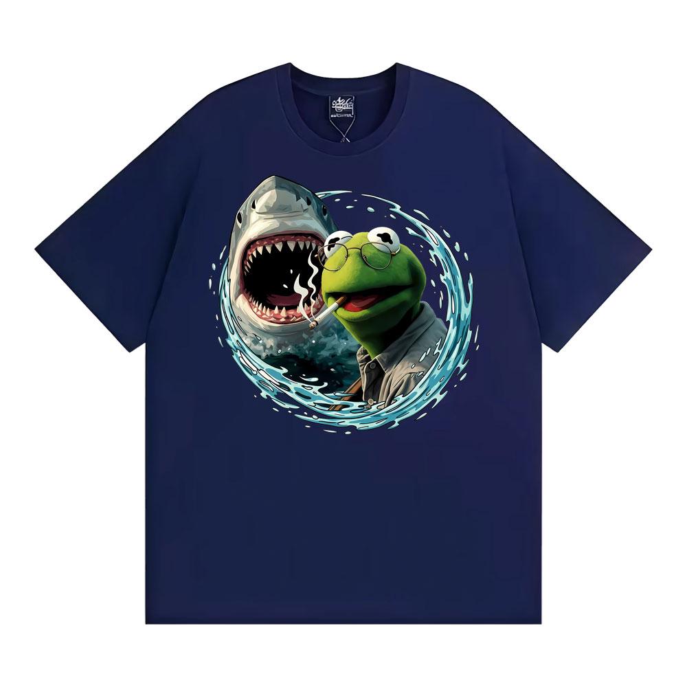 Smoking Kermit The Frog Meme Shark Attack Parody TShirt Mens Women Fashion Cool Tshirts Hot Sale Casual Short Sleeves T Shirt