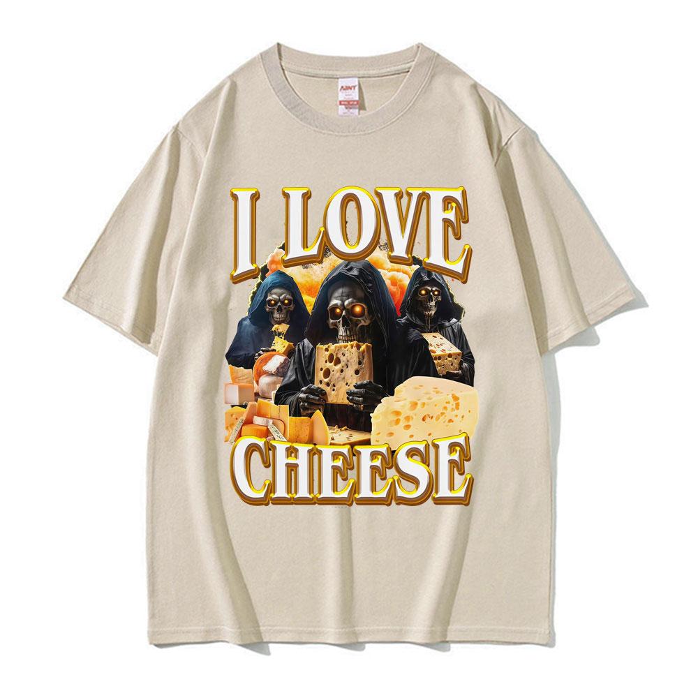 Funny Vintage Skeleton I Love Cheese Meme T Shirts Gothic Graphic T-shirts Men's Women Summer Crewneck Cotton T-shirt Streetwear