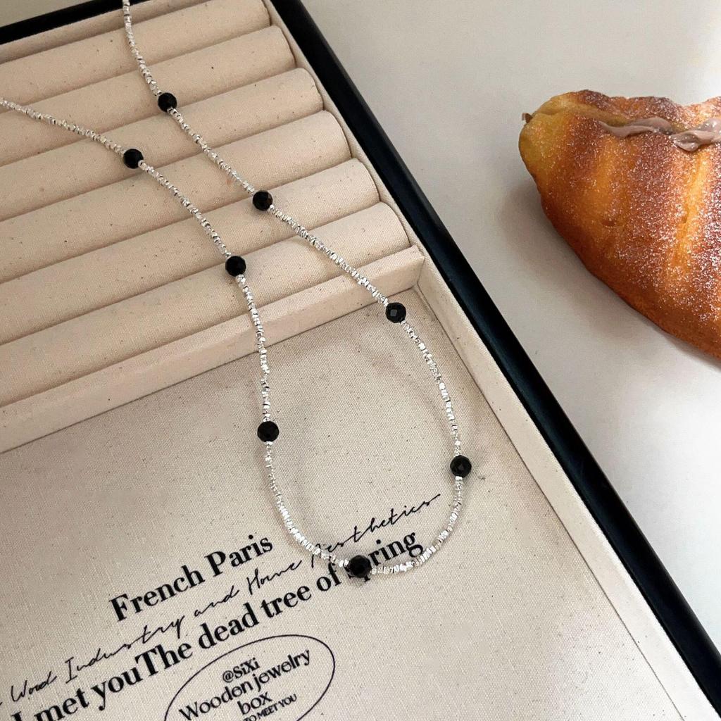 S925 Sterlingsilber Schwarzer Achat Perlenkette Set - Herbst/Winter Choker