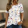 Damen Kurzarm Rundhals Oberteil Blumenprint Knopfdetail Lässiges T-Shirt Bluse Leichter Weicher Stoff Patchwork Design