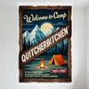 Vintage Welcome To Camp Tin Sign with Quitcherbitchen Name, Night Sky Mountain & Campfire Design - Retro Humorous Camping Metal