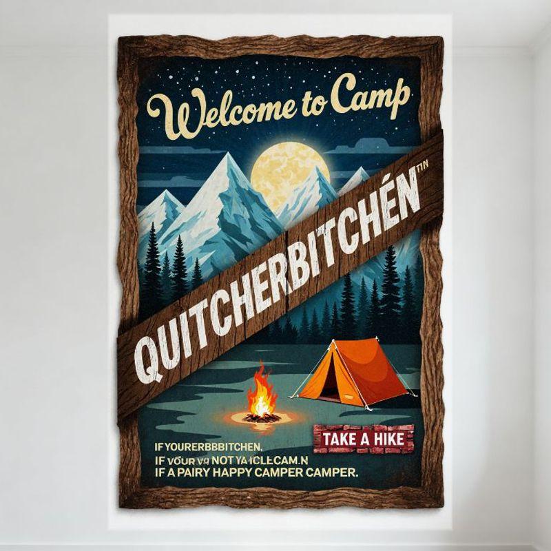 Vintage Welcome to Camp Tin Sign with Quitcherbitchen Name, Night Sky Mountain & Campfire Design - Retro Humorous Camping Metal 20x30cm（7.8x11.8inch）