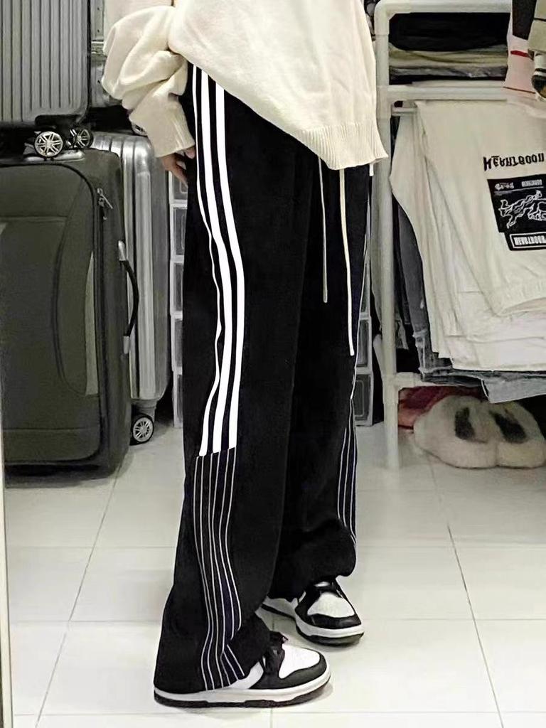 Damen Retro-Sporthose mit weitem Bein und Streifen: Herbst Trendy Koreanischen Stil Casual