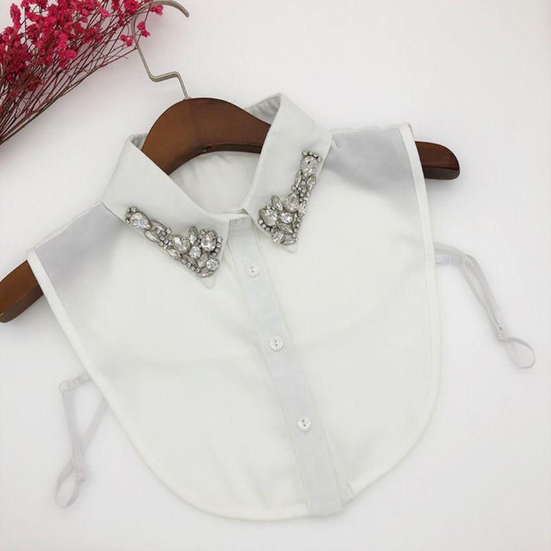 Ladies Women Water Drop Imitation Crystal Chiffon Fake Collars Jewelry Rhinestone Lapel Detachable Button Down Half-Shirt Blouse