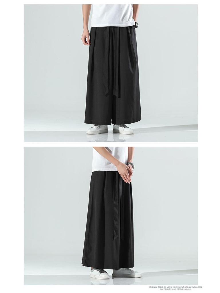 2021 Letní Pánské Retro Čínský Styl Ledové Hedvábí Široké Nohy Ležérní Dlouhé Kalhoty s Páskem, K Dispozici i nadměrné velikosti.