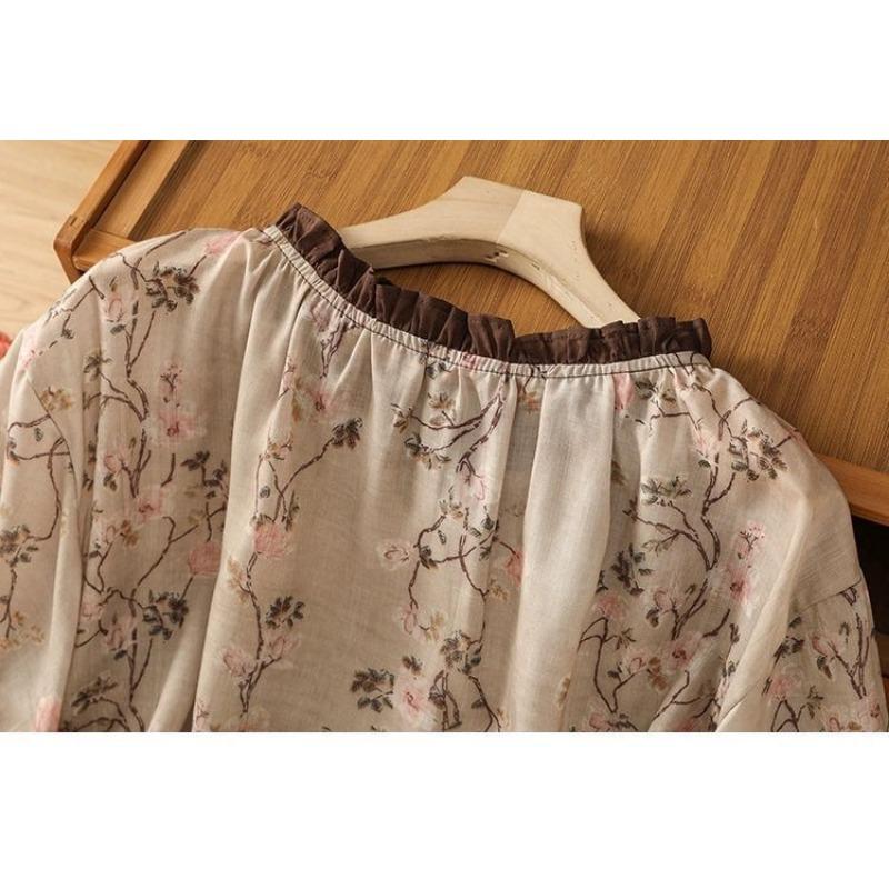 Literary Retro Fungus Collar Lace-up Printed Shirt Fashionable Round Neck Short-sleeved Pullover Comfortable Pullover Top