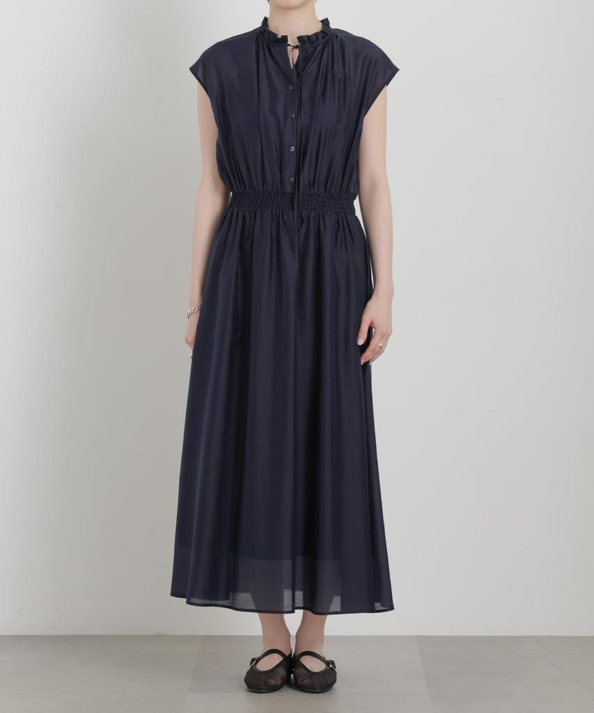Sheer Satin Frill Collar Shirring M [Nano Universe] Dress, Women's 120, Navy, 669-6219306