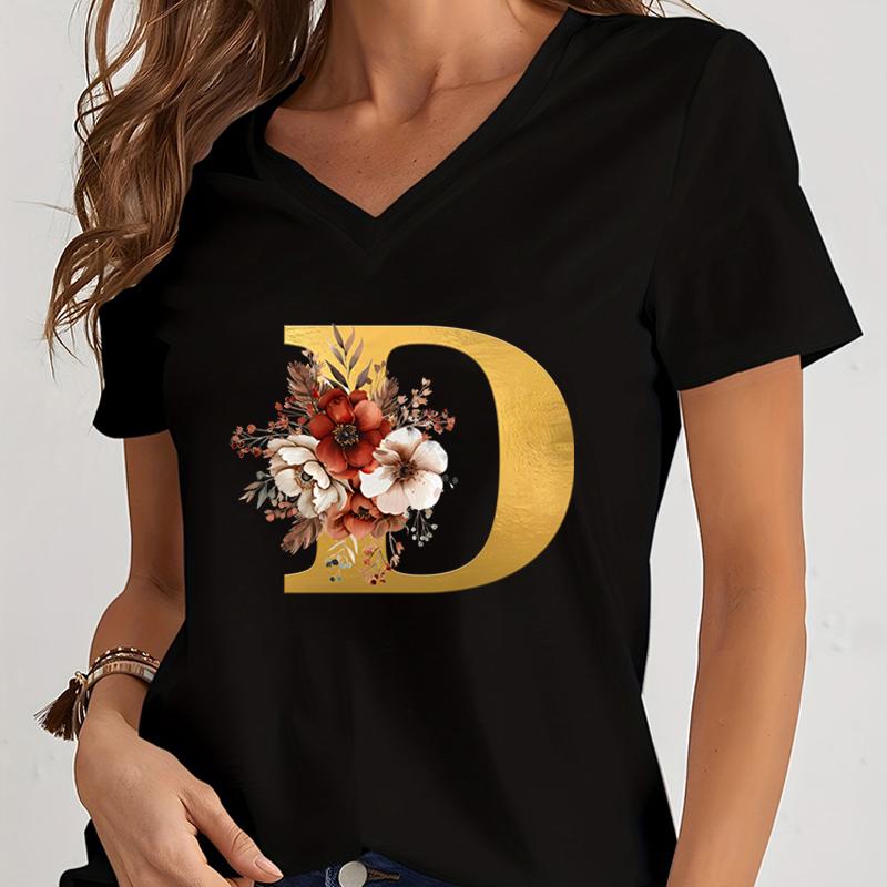 Vintage Flower Alphabet Graphic T Shirts Women Alphabet Rose Gold Essential Women Clothing Gift for Alphabet Floral Lover Tshirt