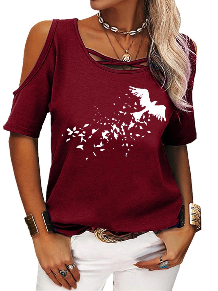Women Casual Short Sleeve Shirt Summer O Neck T-shirt Ladies Fashion Print Off Shoulder Top