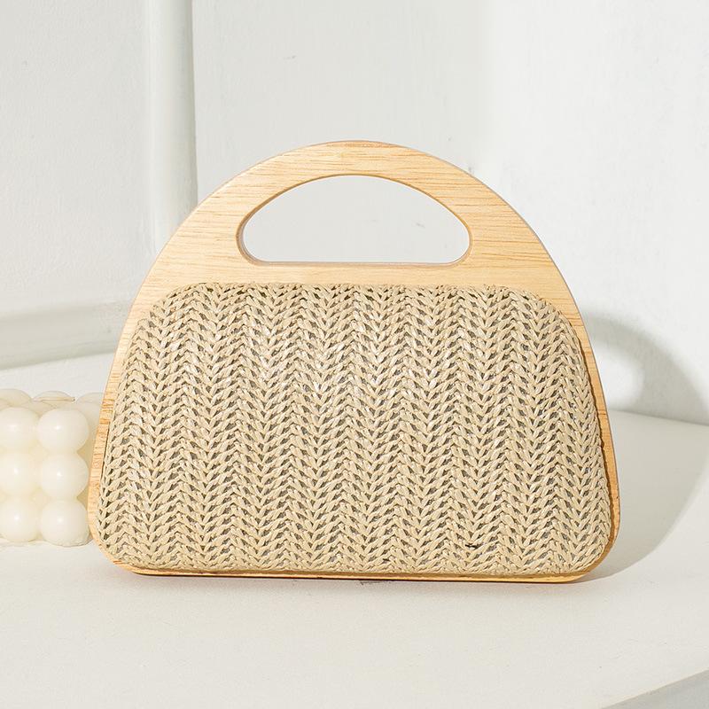 Neue Halbmond-Holzgriff-Abendtasche Sommer-Strohhäkel-Handtasche mit Kette Schulter-Umhängetasche Reise-Strand-Einkaufstasche Geldbörsen