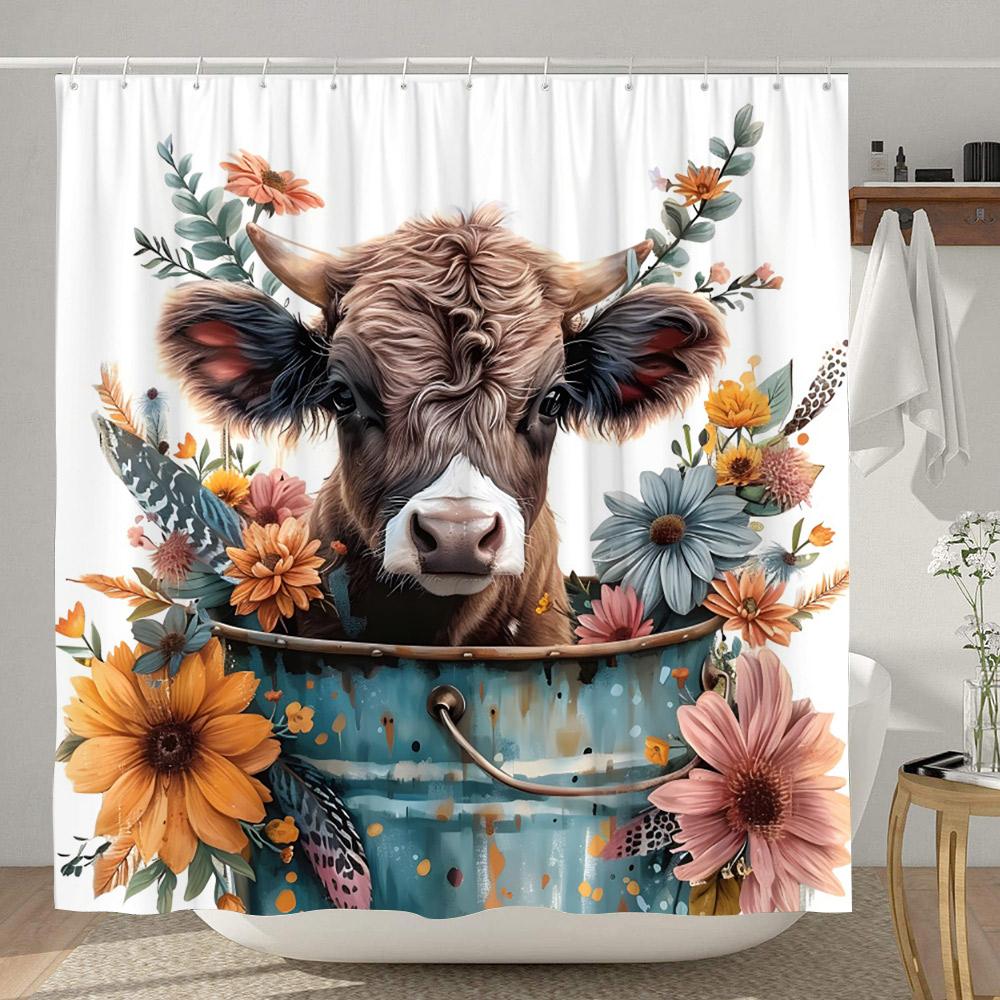Morsomt dusjforheng med høylandsfe Rustikk landlig ku Tegneserie Dyre Dusjforheng Polyesterstoff Hjem Baderomsdekor