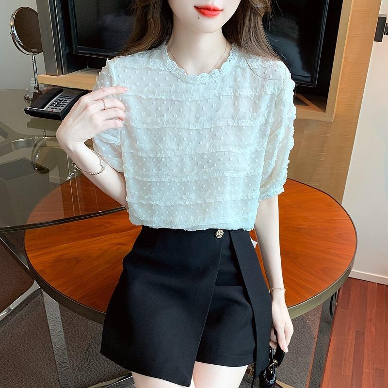 Solid Puff Sleeve Ruffled Lace Shirt Woman Round Neck Elegant Chiffon Blouse Women Slim Fit Sweet Casual Blouses Lady Tops 24191
