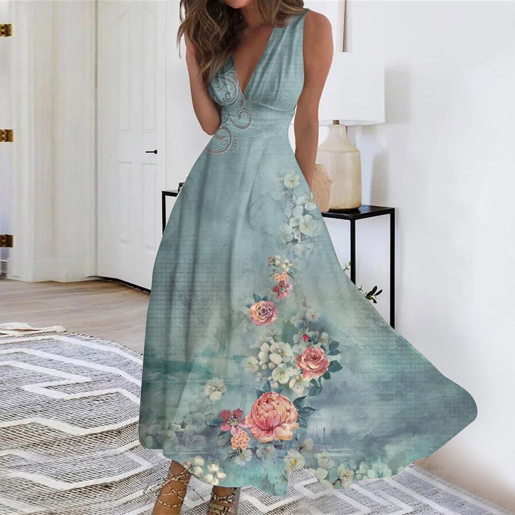 Women's Summer Fashion  Print V-Neck Sleeveless Waist Tie Dress