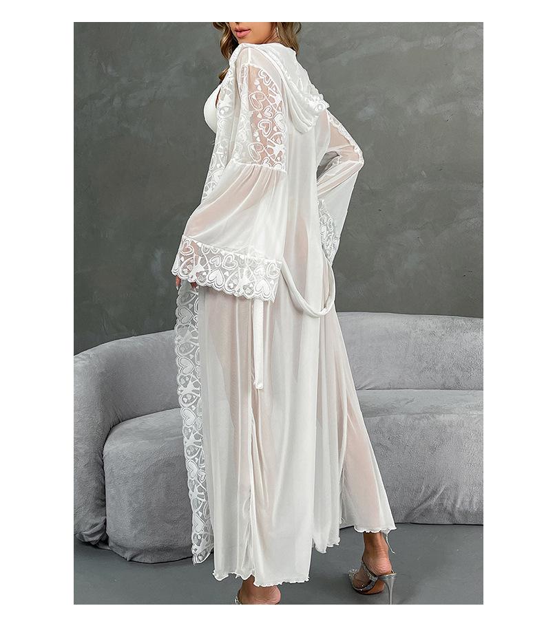Sexy Mesh Kapuzenbademantel mit Spitzenbesatz Lingerie mit Gürtel